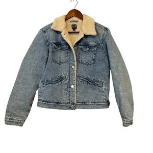 GAP Women's Blue Denim Jacket with Cream Collar